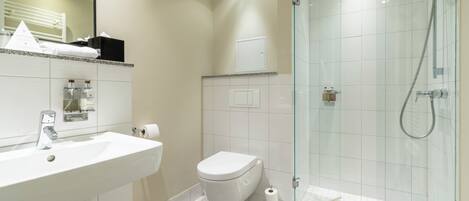 A modern bathroom with a glass shower enclosure, a white sink, and a toilet.