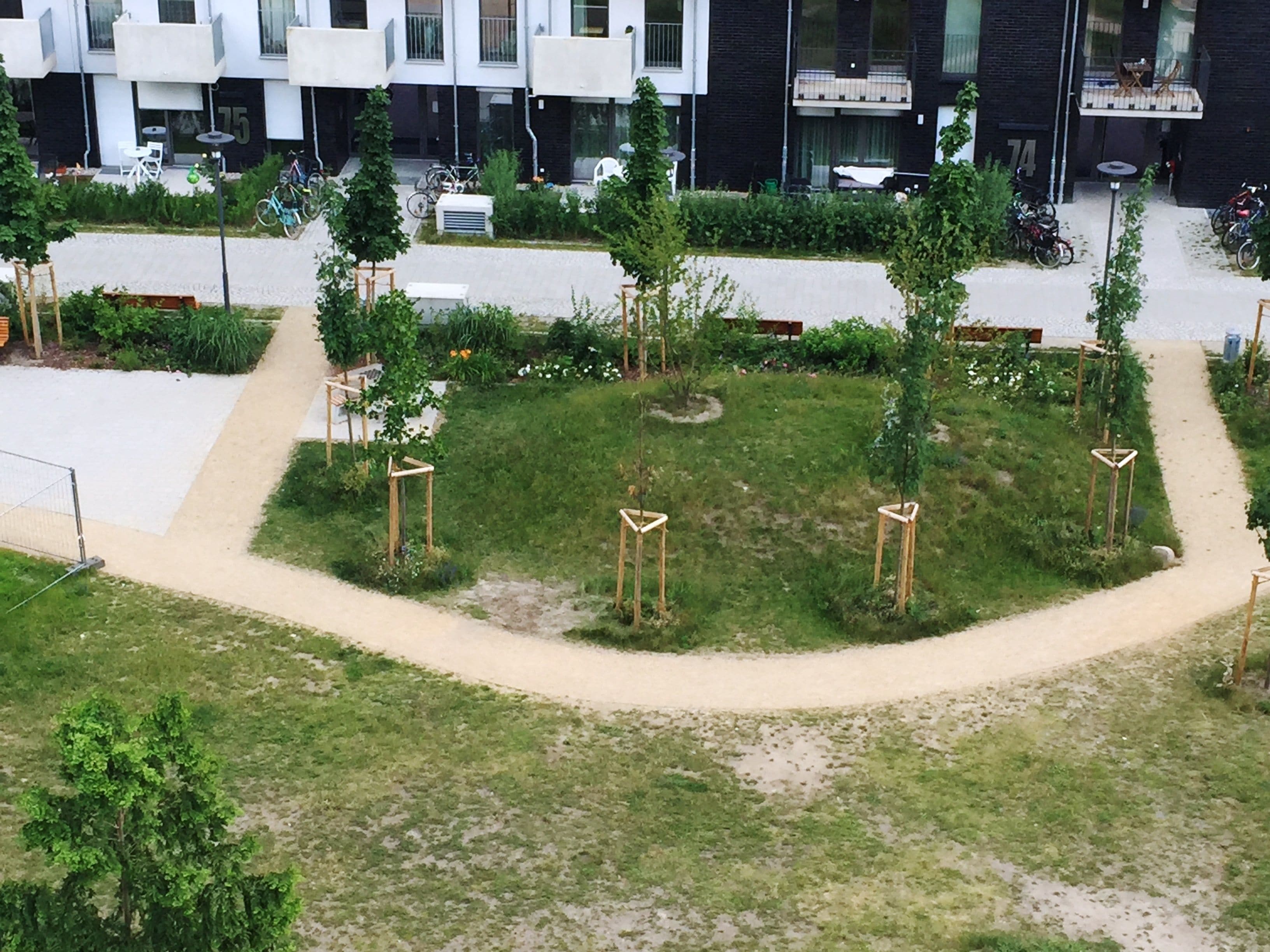 Een aangelegde binnenplaats met een grasveld in het midden, omringd door bomen en een pad.