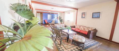 A spacious living area with a dining table, chairs, a sofa, and a large plant.