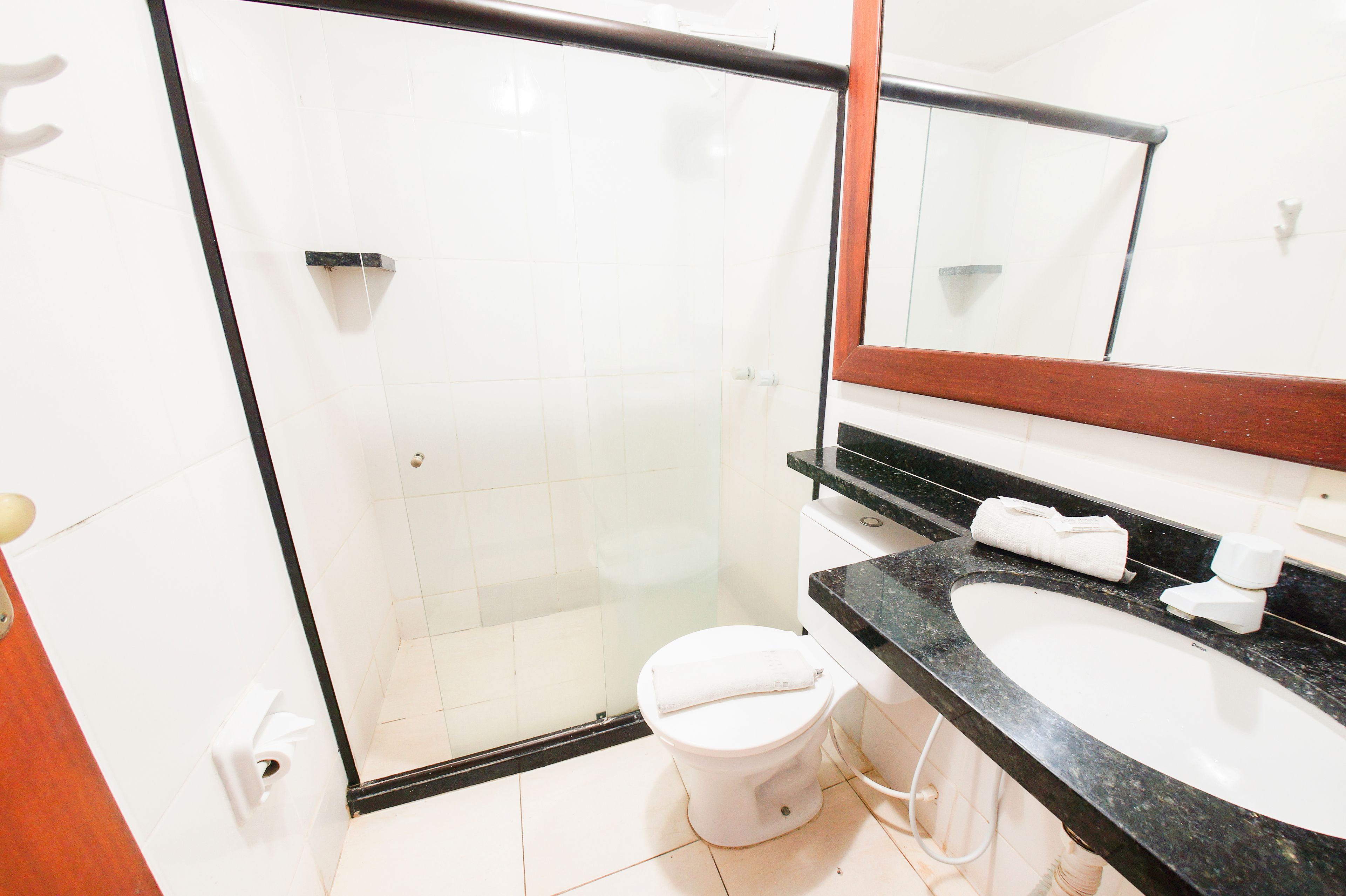 A bathroom with a glass shower enclosure, a white toilet, and a black countertop sink.