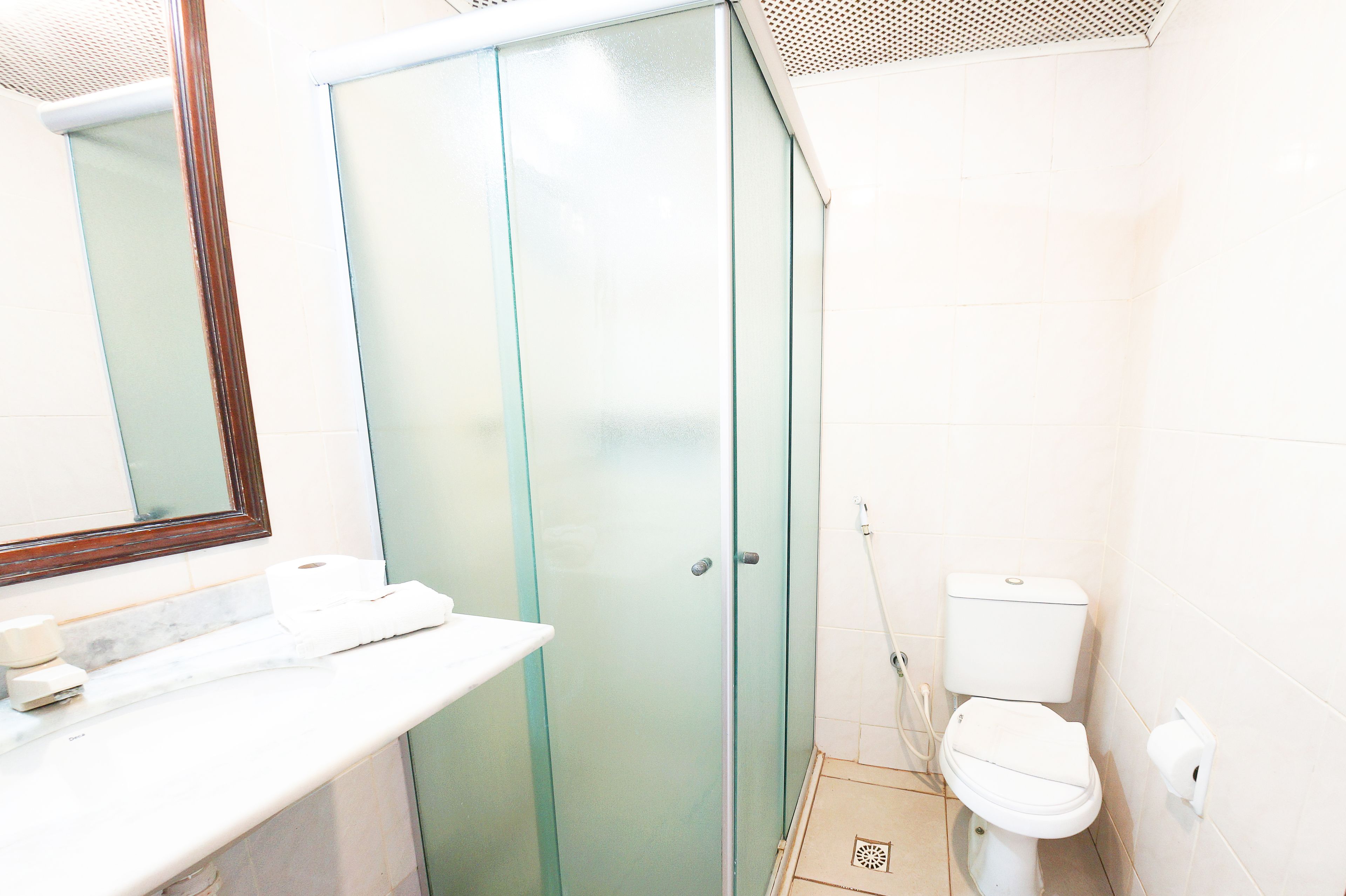 Une salle de bain avec une douche à parois de verre, des toilettes blanches et un miroir au-dessus du lavabo.