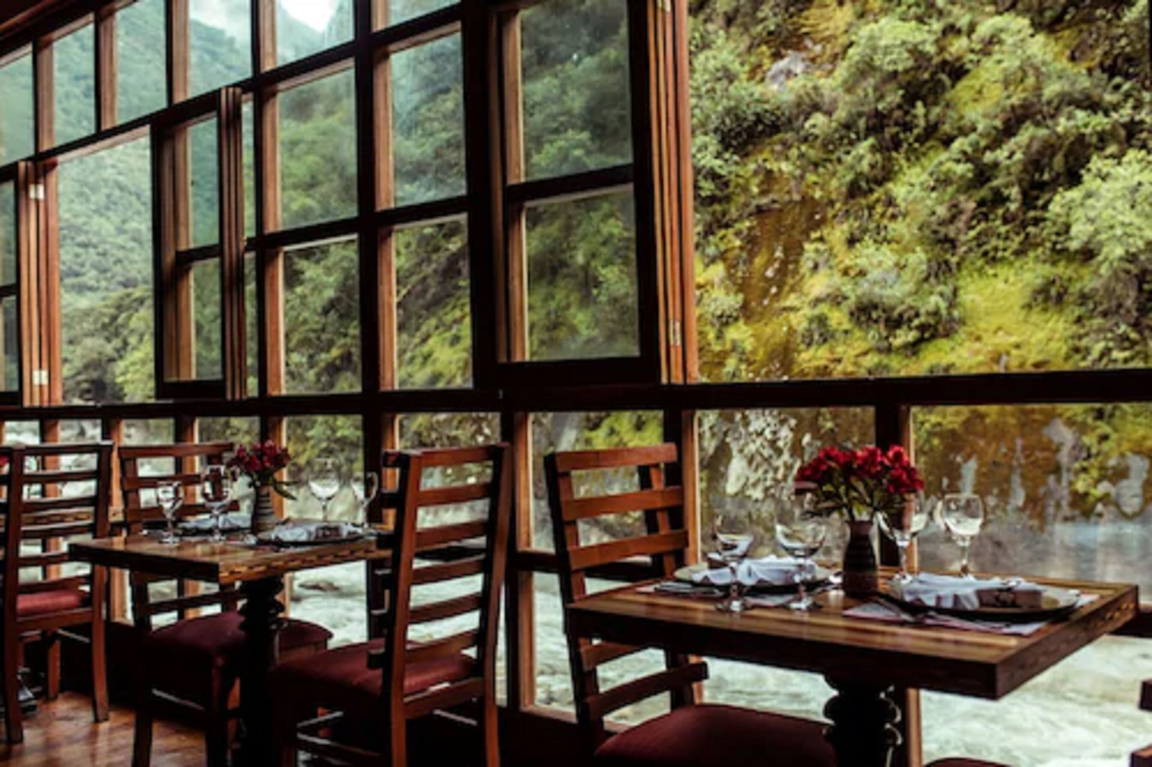Un restaurante con grandes ventanales que ofrecen vistas a un área boscosa. Las mesas están dispuestas con sillas y tienen jarrones con flores.