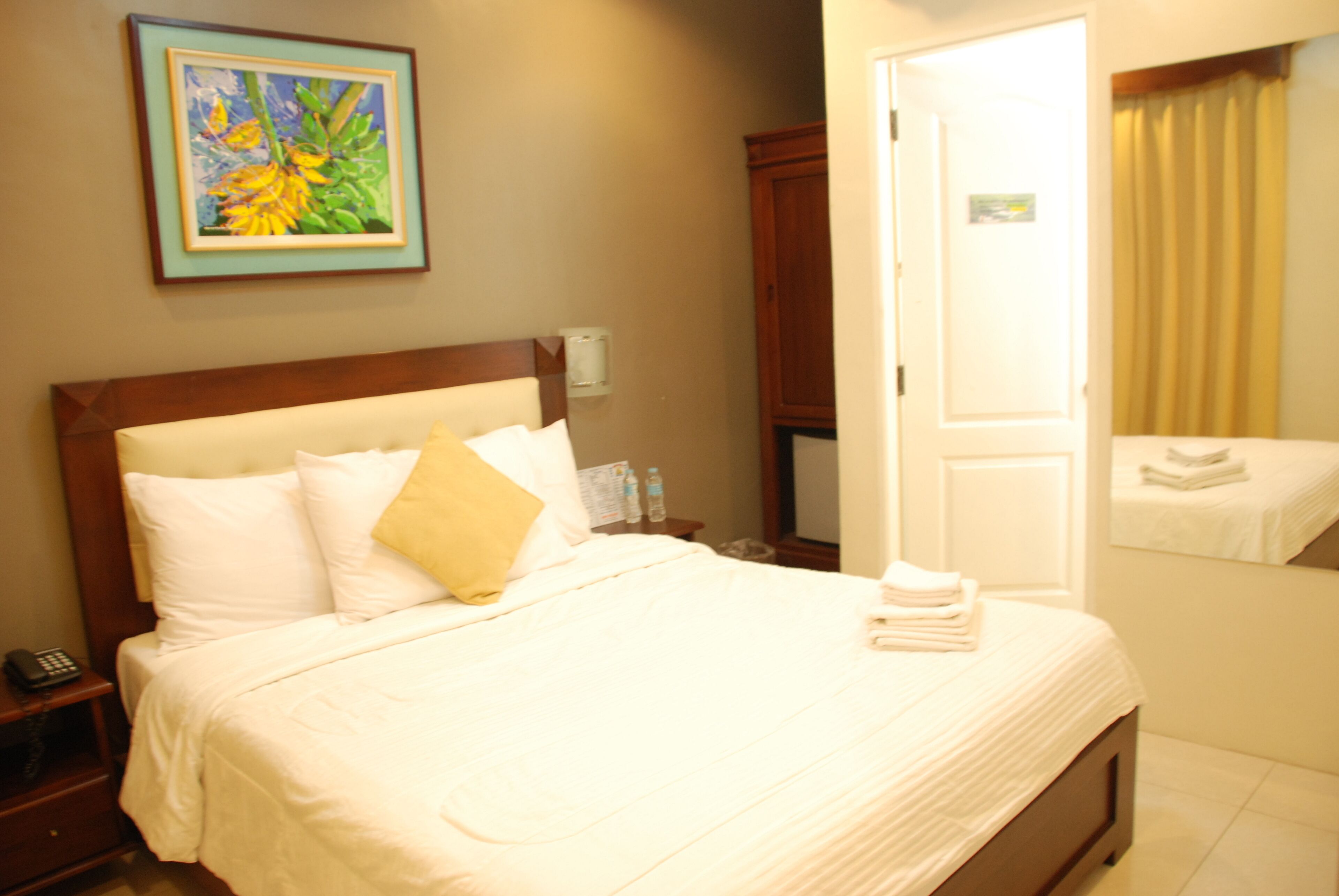 A hotel room with a bed, a nightstand, a bedside table, a mirror, and a door.