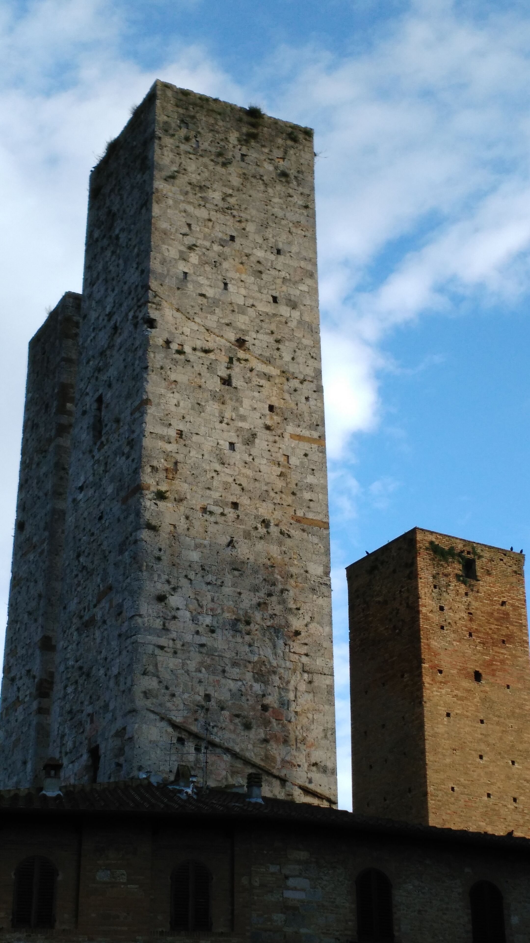 Una torre de piedra alta y rectangular, con textura rugosa y múltiples aberturas pequeñas.