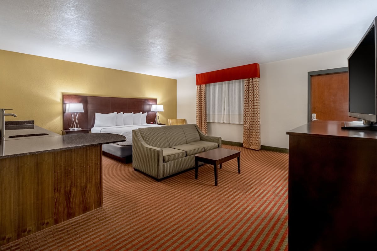 A hotel room with a bed, a sofa, a desk, and a television.