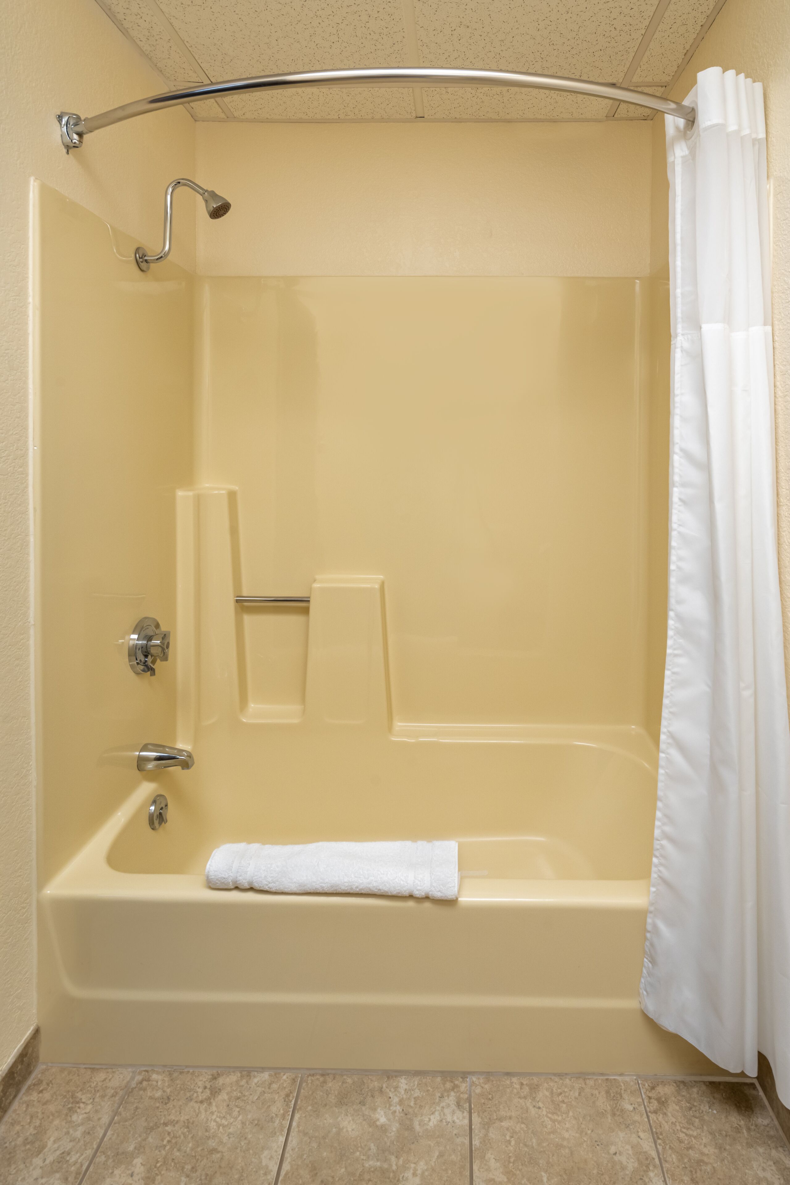 Une salle de bain d’hôtel standard, équipée d’une baignoire, d’une douche et de toilettes.