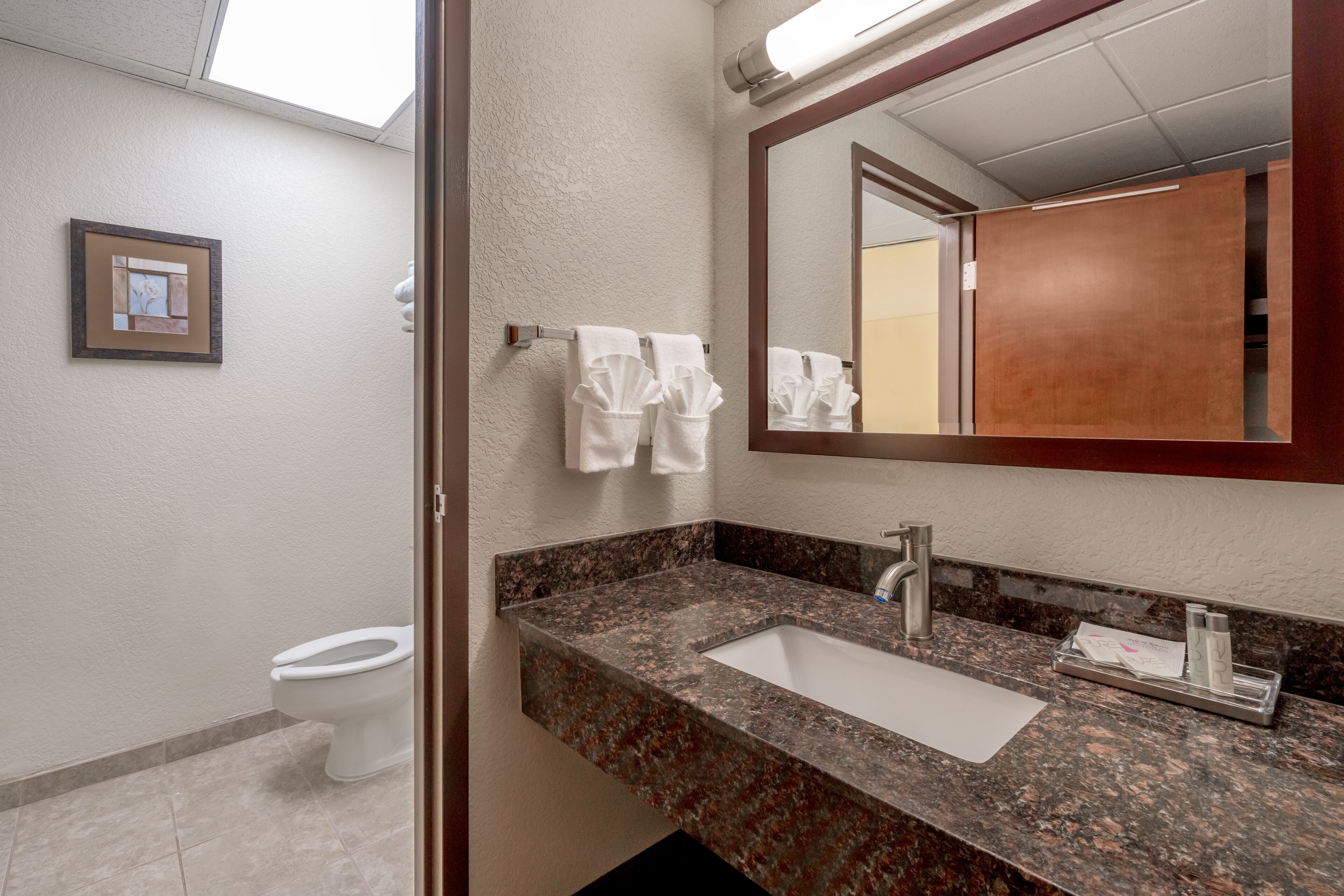 A bathroom with a marble sink, a mirror, and a toilet.
