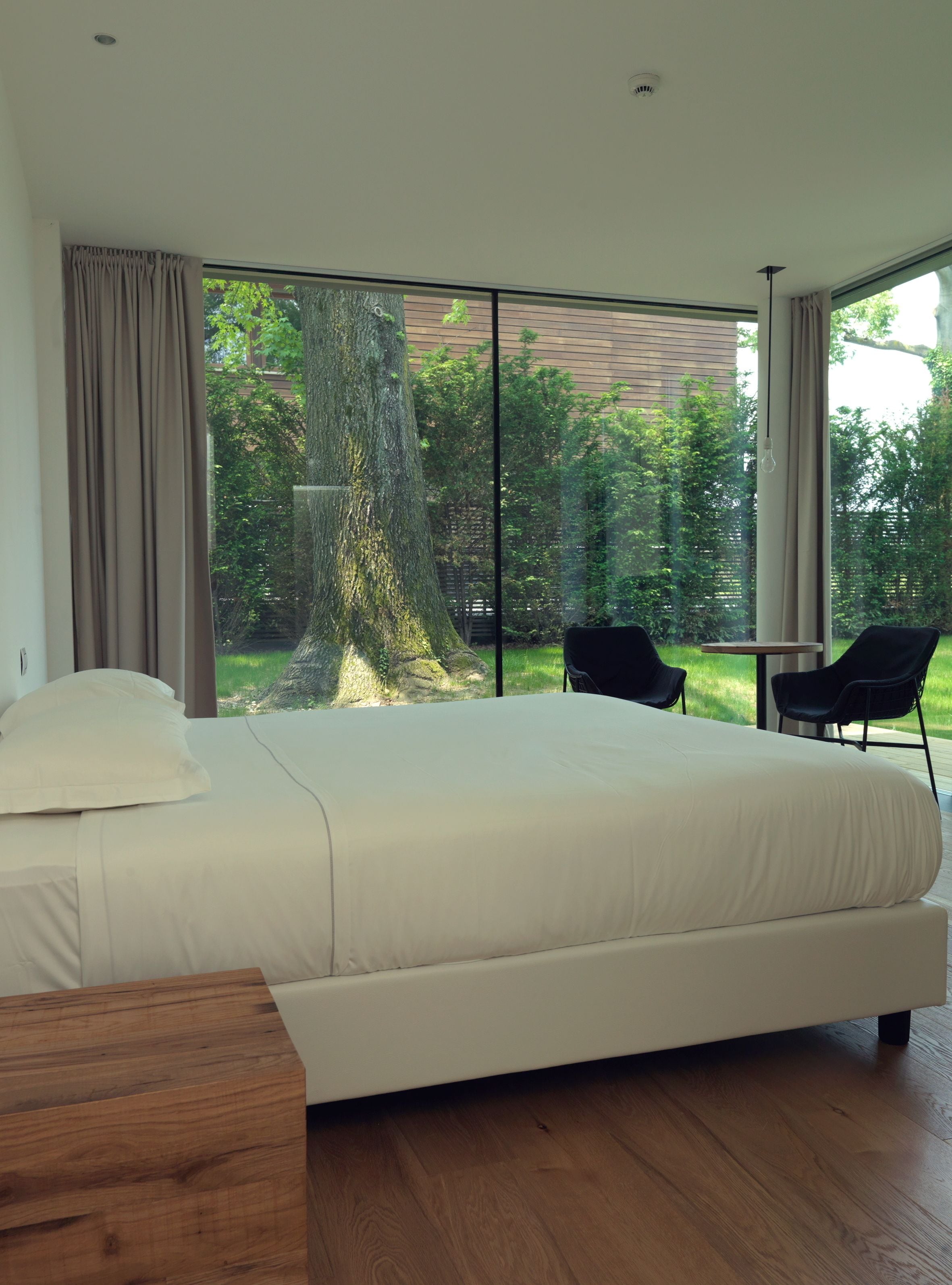 A modern bedroom with a large bed, two black chairs, and a view of a tree and greenery outside.