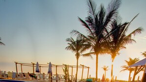 A poolside area with lounge chairs, a palm tree, and a sunlit walkway. - Hotel Atlântico (Bombinhas)