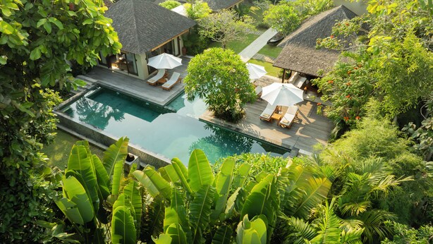 A resort with a swimming pool surrounded by lush greenery and thatched-roof structures.
