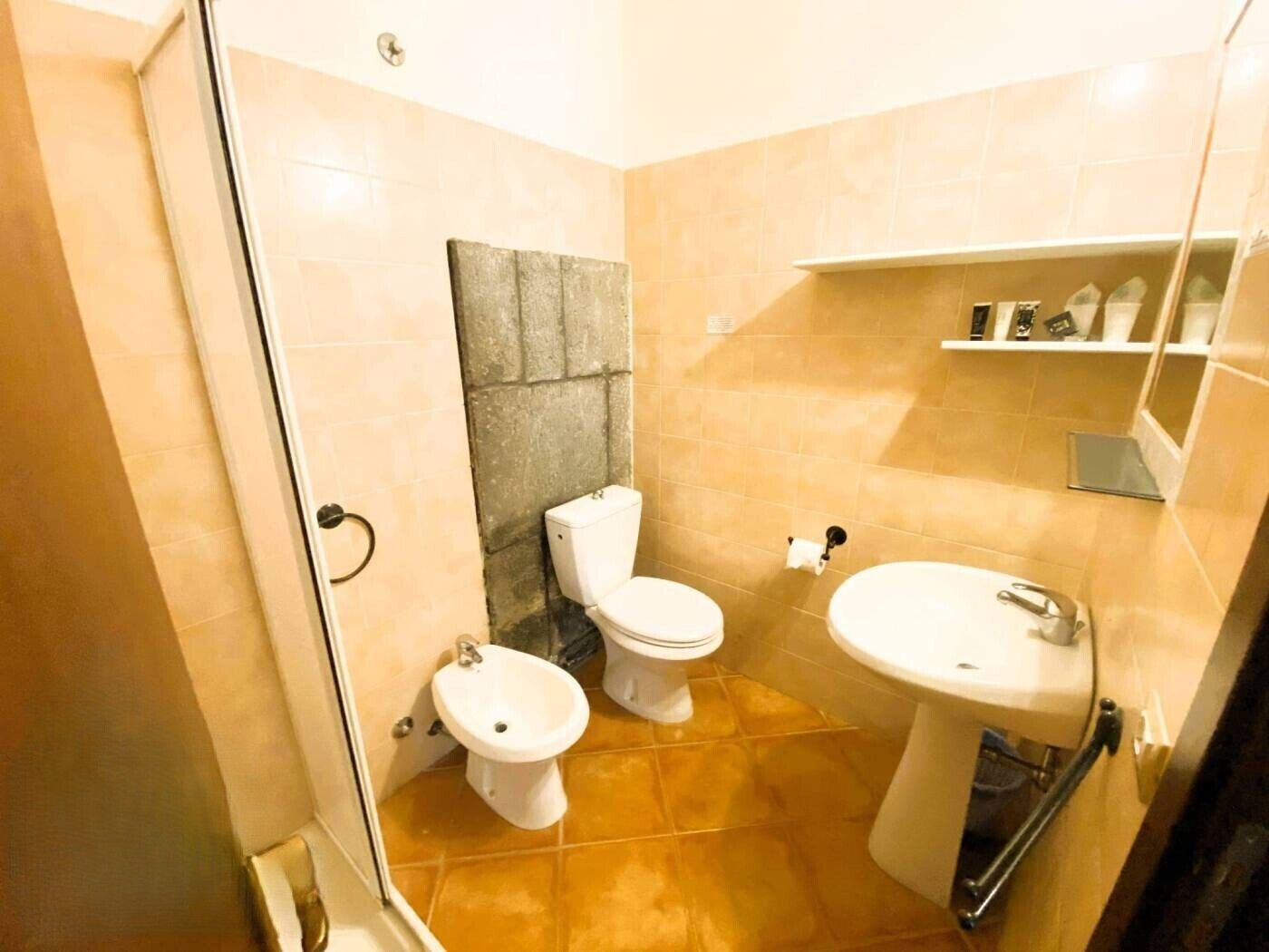 A bathroom with two toilets, a bidet, a sink, and a shower area.