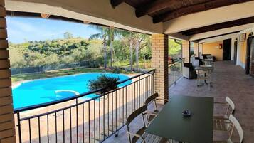 Panoramic Double or Twin Room, Multiple Beds, Pool View, Ground Floor | Terrace/patio