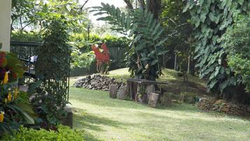 A garden with a variety of plants and a large red sculpture.