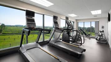 A gym with treadmills, a stationary bike, and a weight bench.