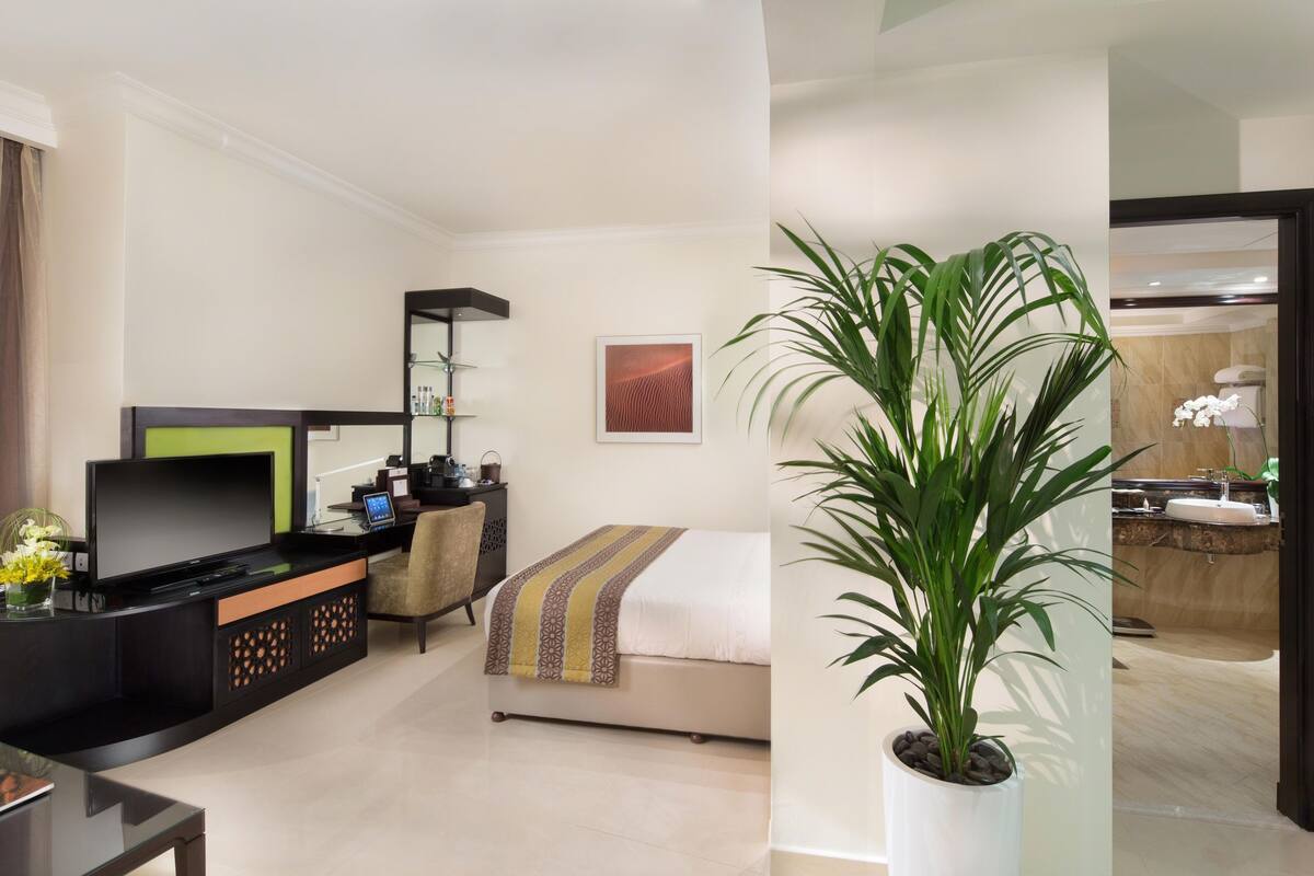Una habitación de hotel moderna con sofá, televisor, mesa de comedor y una gran planta en maceta.