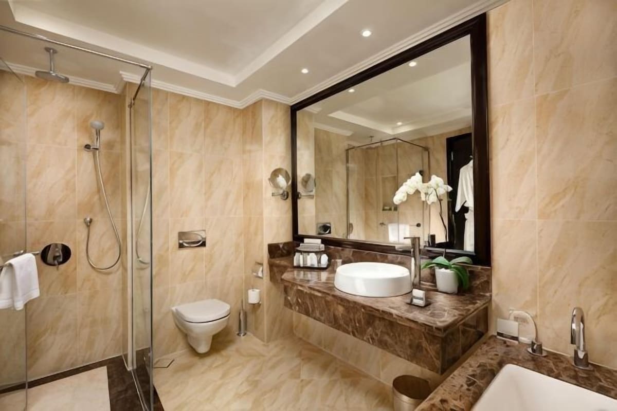 A modern bathroom with a glass shower enclosure, a toilet, a sink with a marble countertop, and a large mirror.