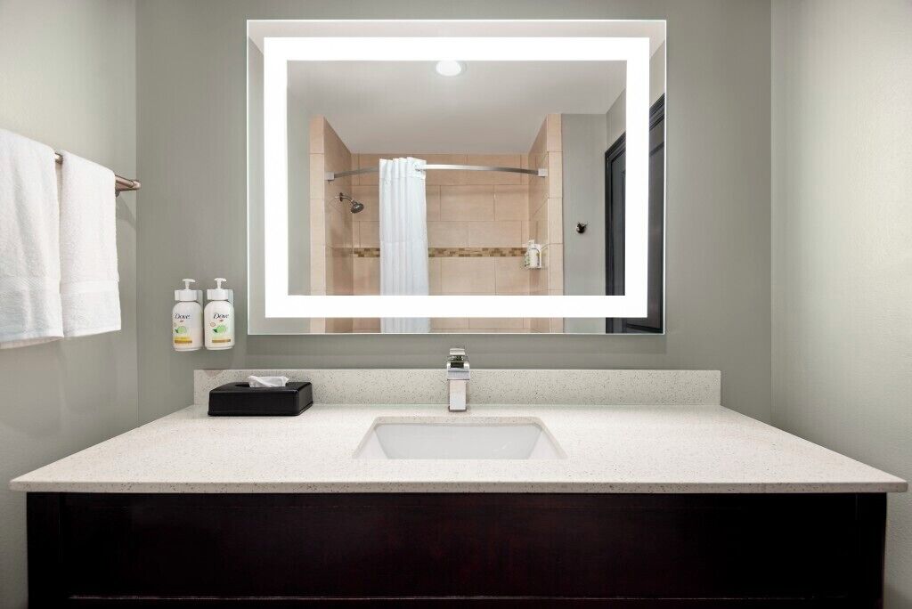 A bathroom with a large mirror, a sink, a towel rack, and two bottles of Dove soap.