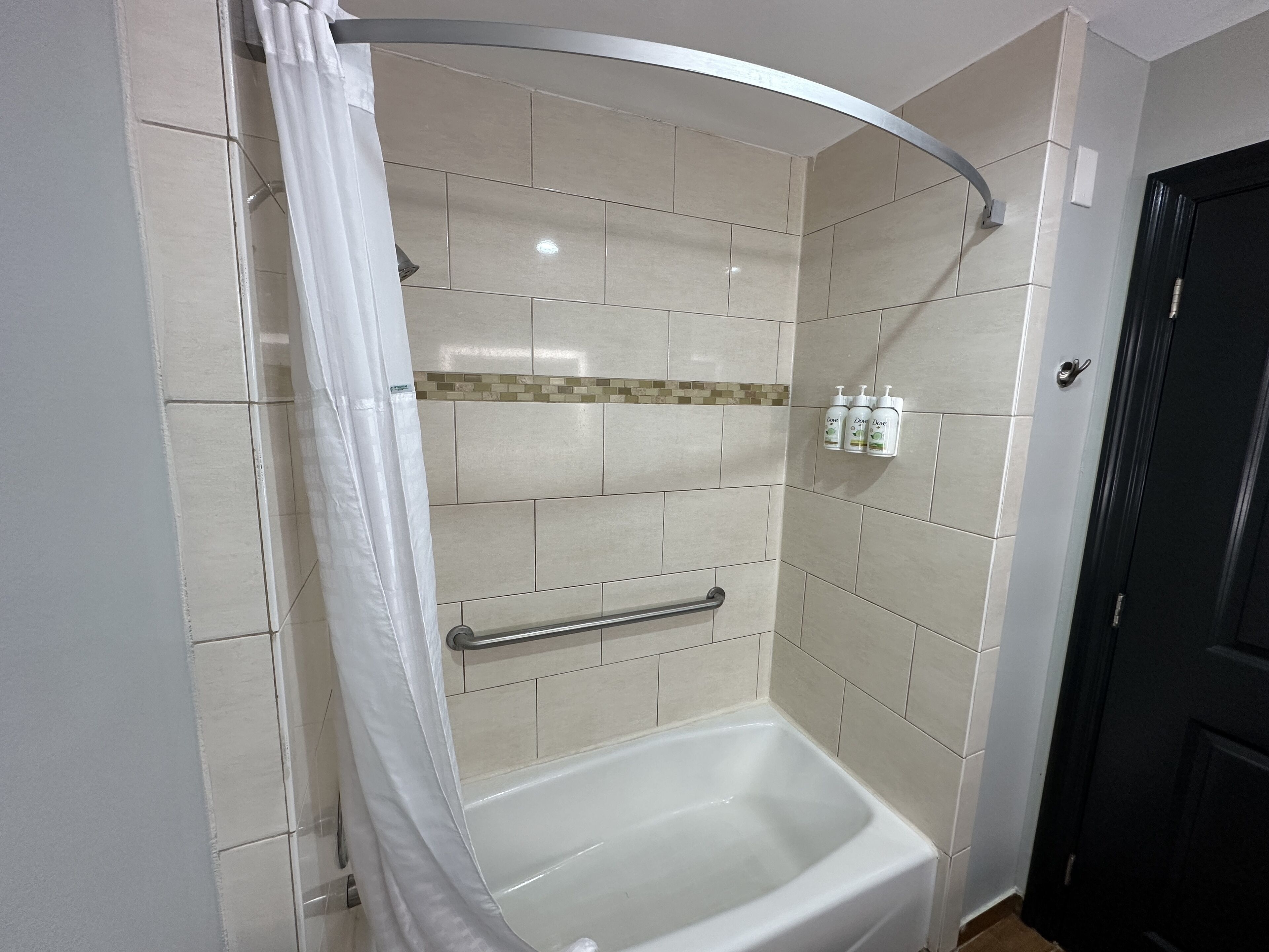 A shower with a curved glass door, a handrail, and a tiled wall with a decorative tile strip.