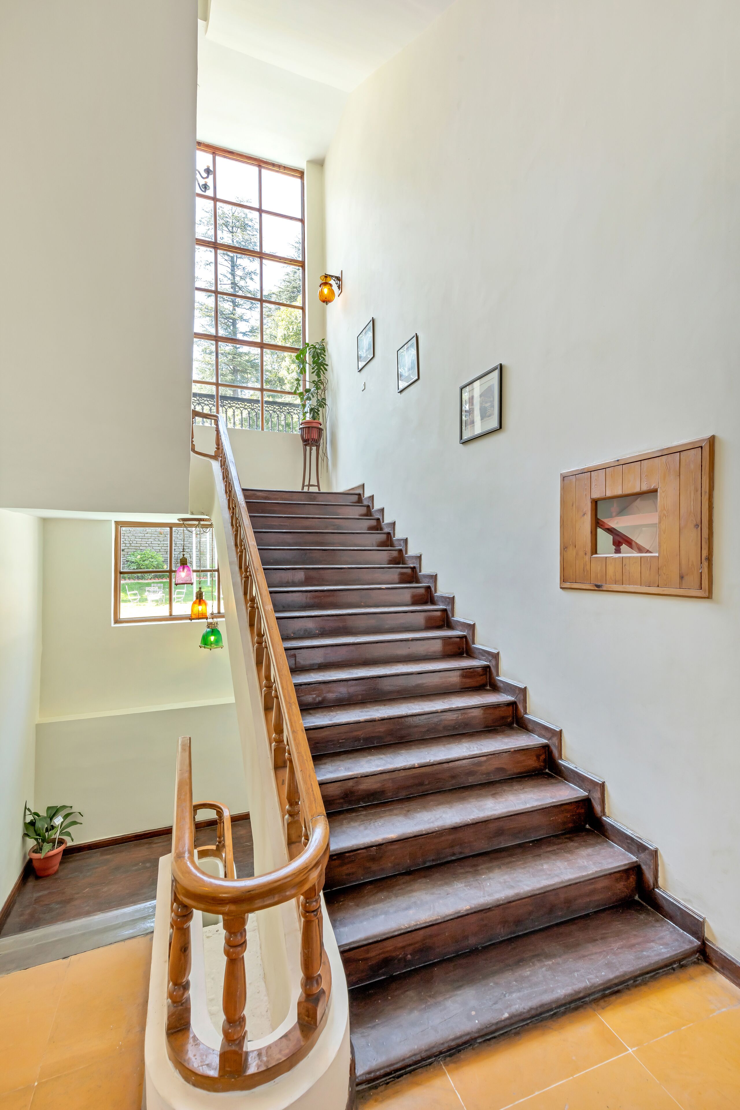 A wooden staircase with a handrail, leading to a landing with a potted plant.