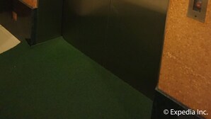 A metallic elevator with a green and brown wall. - Hotel Sogo Dau (Mabalacat City)