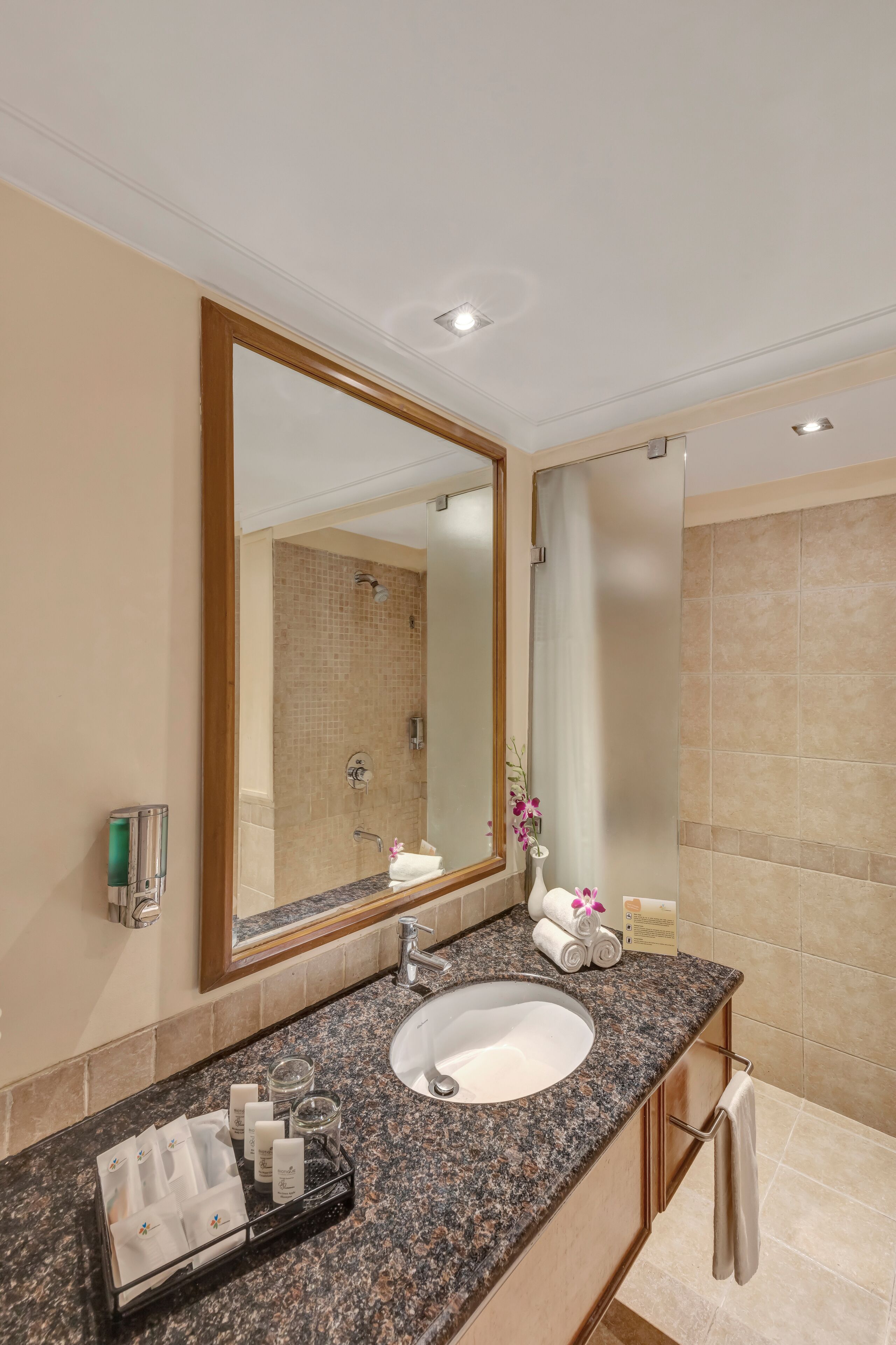hotel unit (superior room) | bathroom | shower, rainfall showerhead, towels