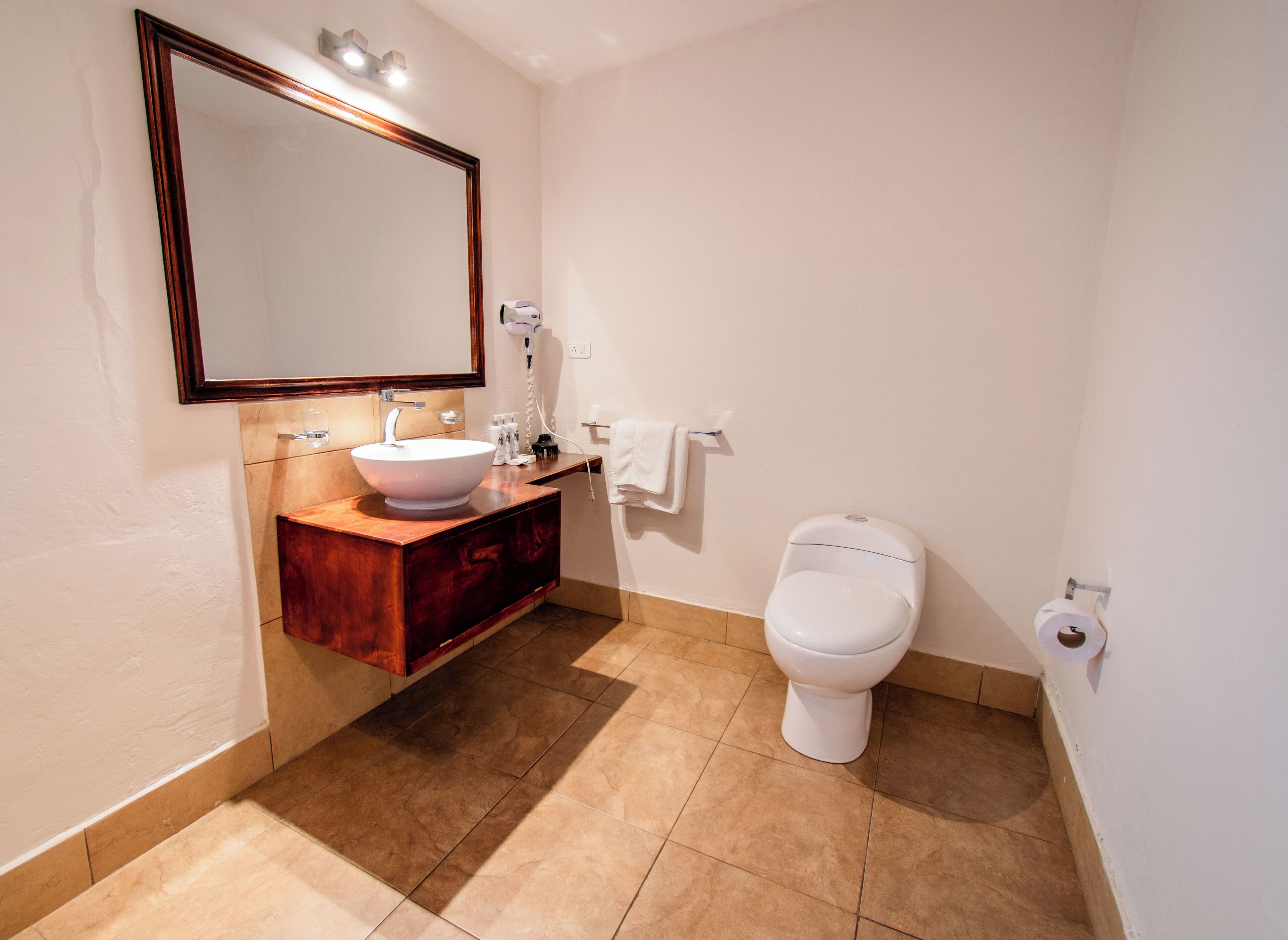 Ein Badezimmer mit einem Holzbadezimmermöbel, einem großen Spiegel, einem weißen Waschbecken und einer Toilette.