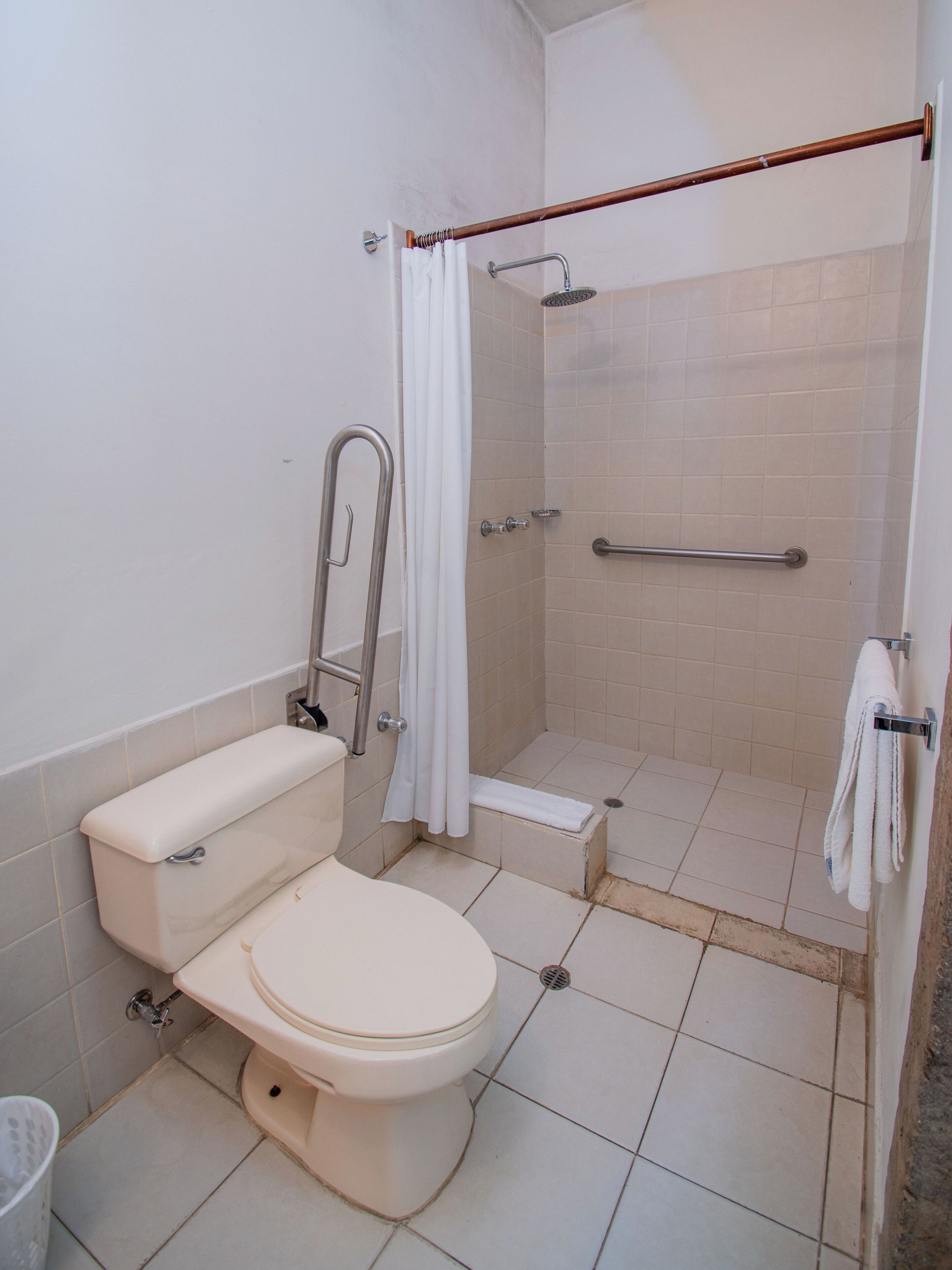 A bathroom with a toilet, a shower with a grab bar, and a towel rack.