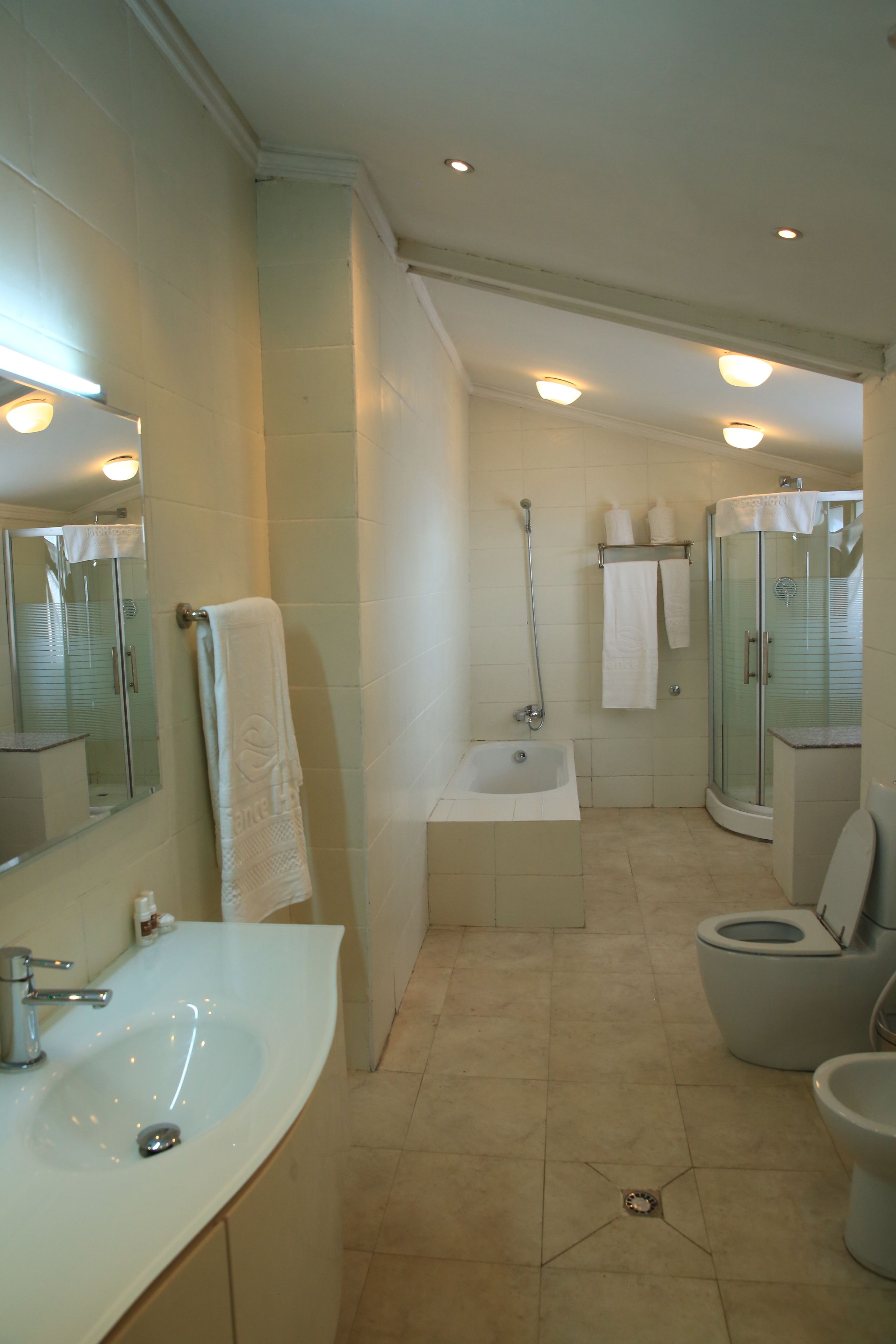 presidential suite | bathroom | rainfall showerhead, hair dryer, slippers, towels
