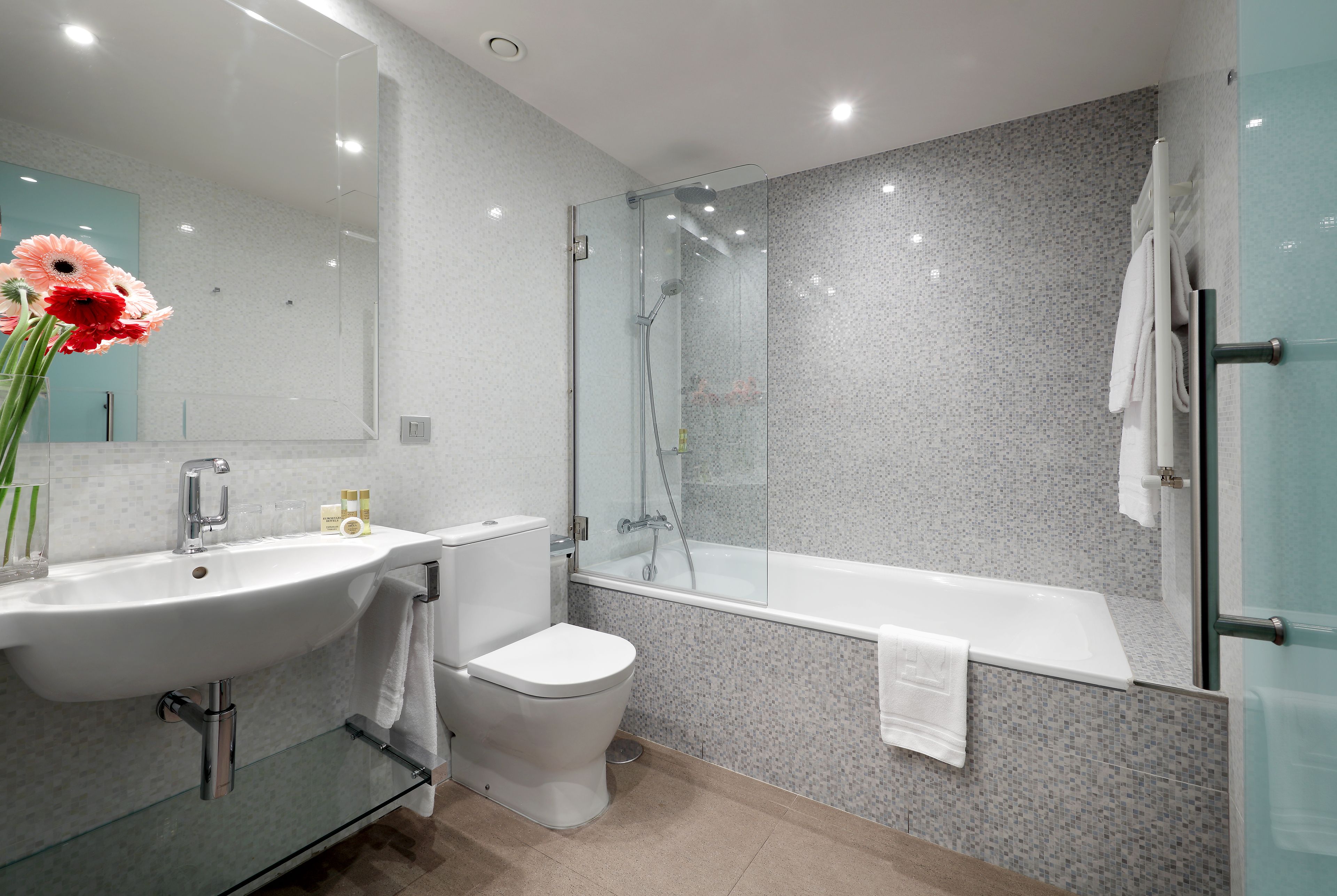 designer toiletries, hair dryer, towels