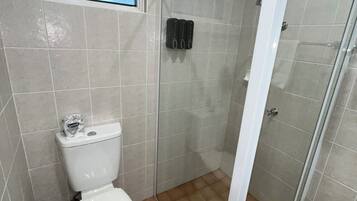 A bathroom with a toilet, a shower with a glass door, and a window above the toilet.