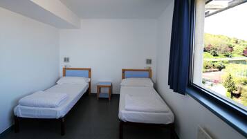 Une chambre avec deux lits simples, une petite table et une fenêtre donnant sur un espace verdoyant.