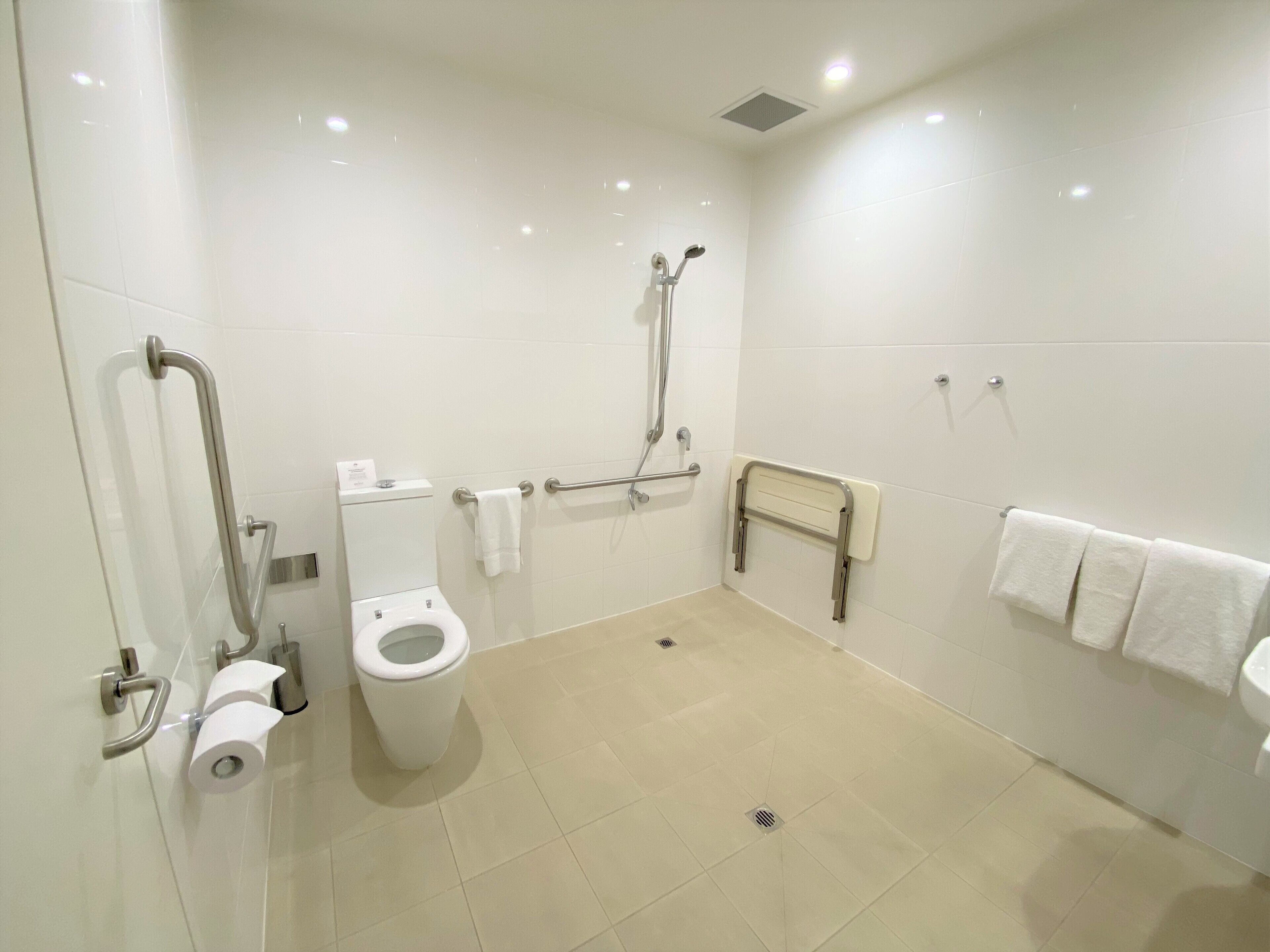 Een moderne badkamer met toilet, handgrepen, douchegedeelte en wastafel.