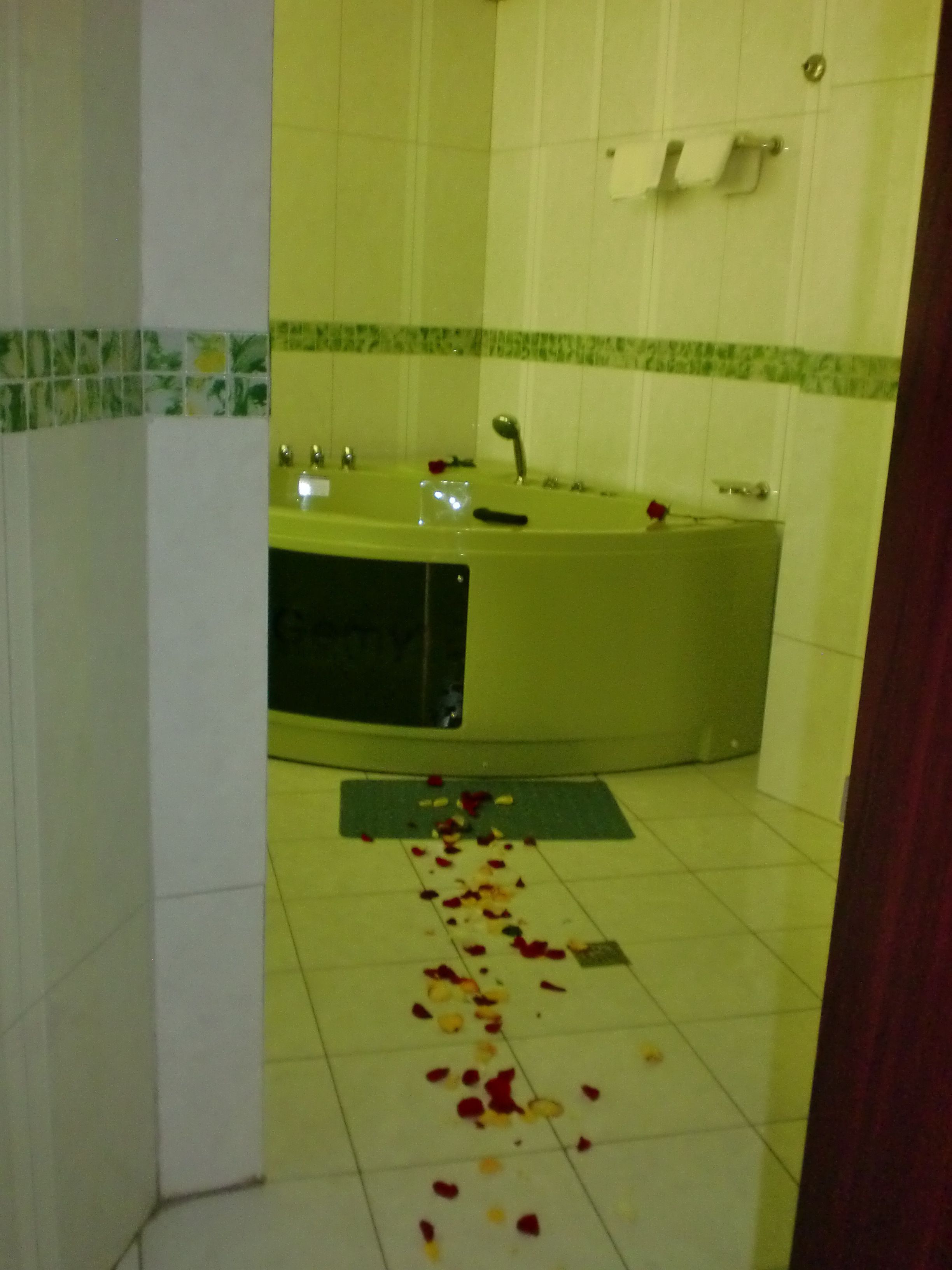 Un baño con bañera, un espejo y un tapete verde en el suelo.