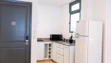 Superior appartement | Privékeuken | Een koelkast/vriezer, een magnetron, een kookplaat