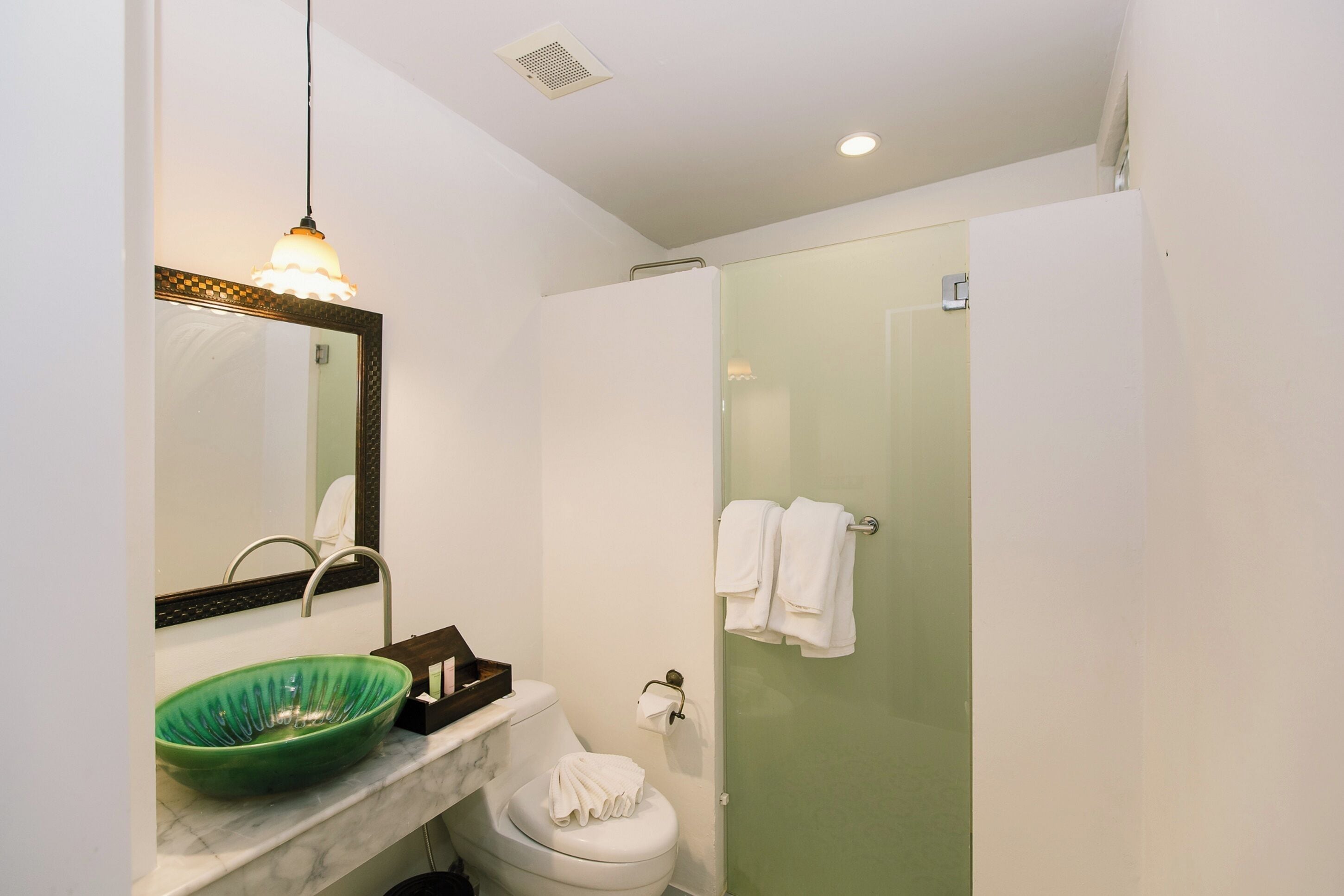 shower, rainfall showerhead, free toiletries, hair dryer