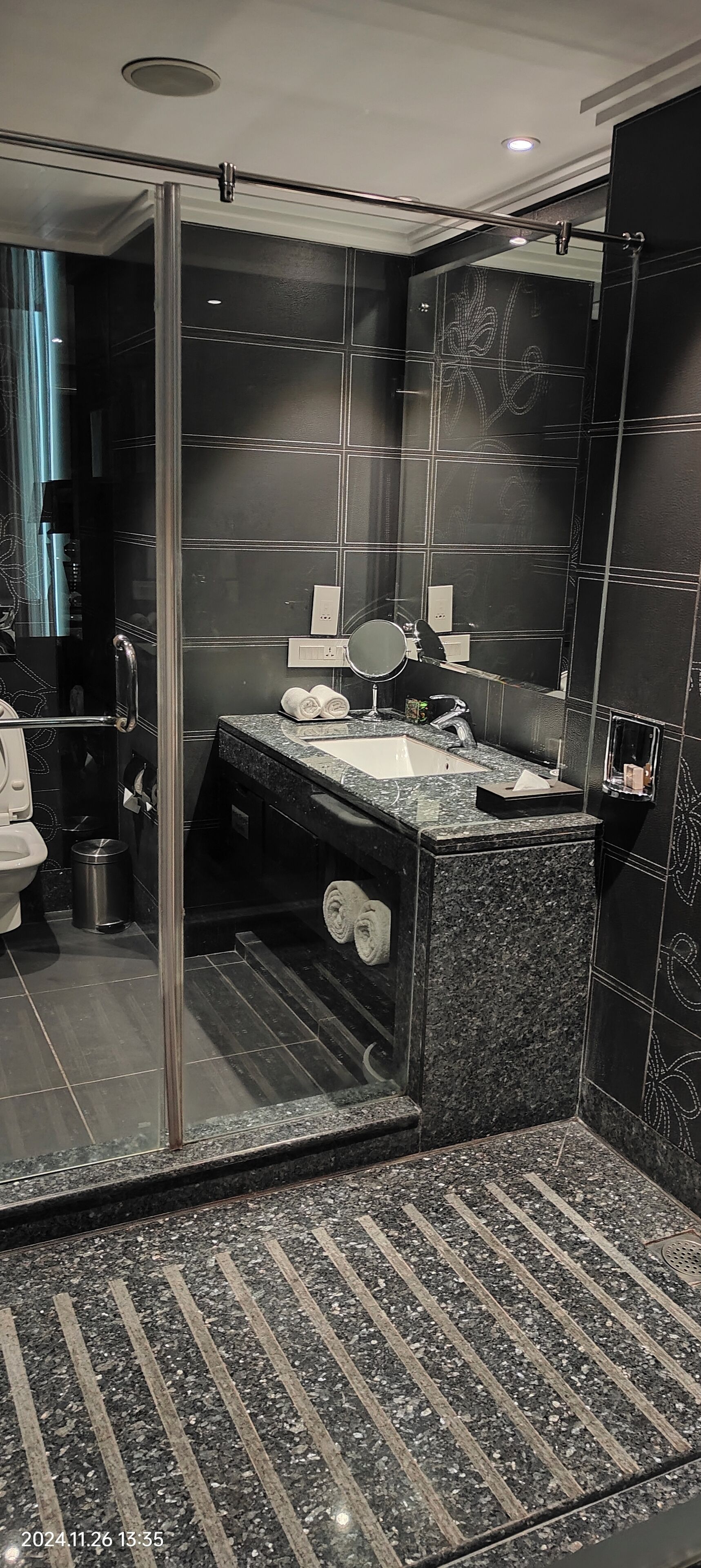 A modern bathroom with a glass shower enclosure, a marble sink, and a toilet.