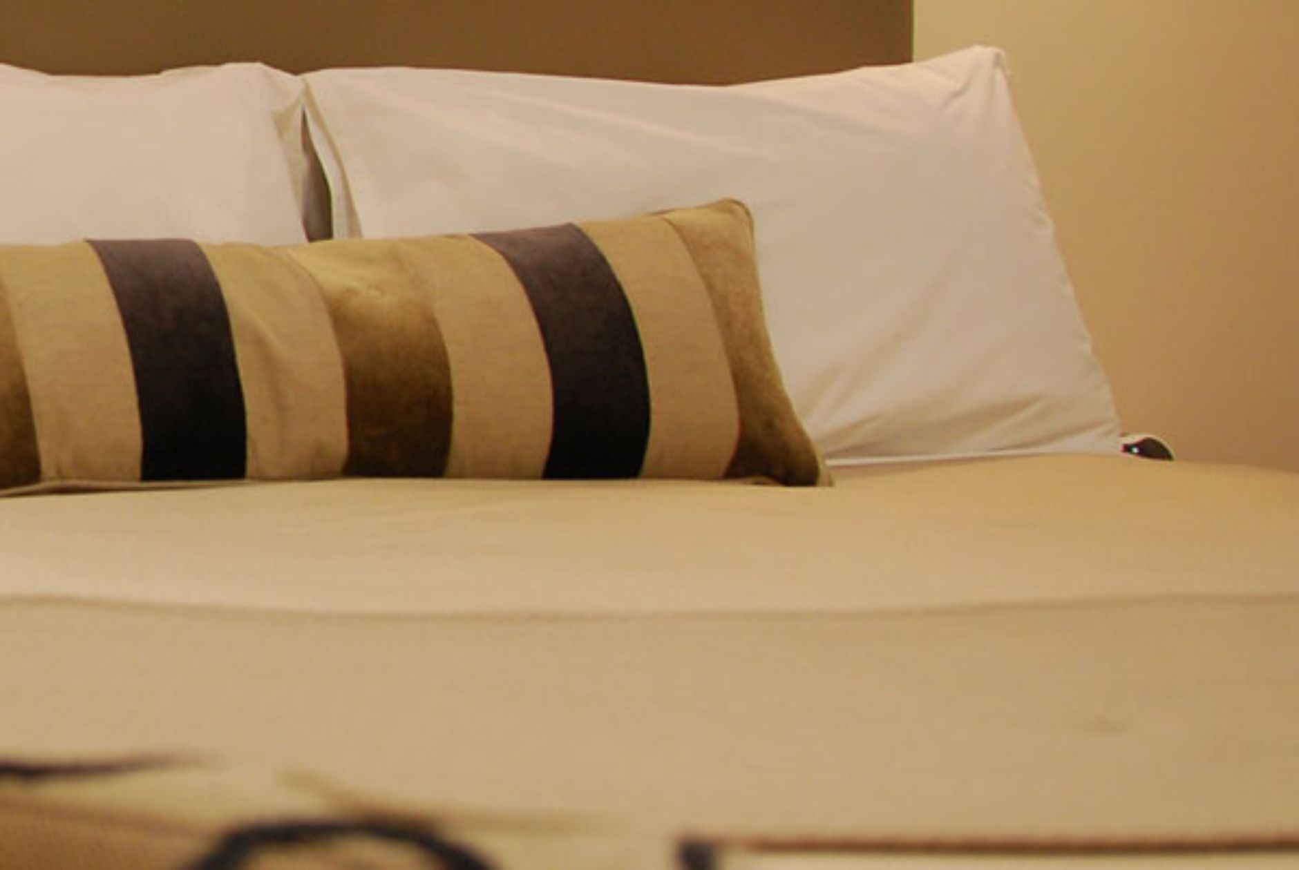 A bed with a striped pillow and a plain white pillow.
