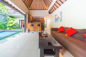Villa, 1 Bedroom, Private Pool | Living area | 32-inch LCD TV with cable channels, TV, DVD player - De'bharata Bali Villas Seminyak (Seminyak)