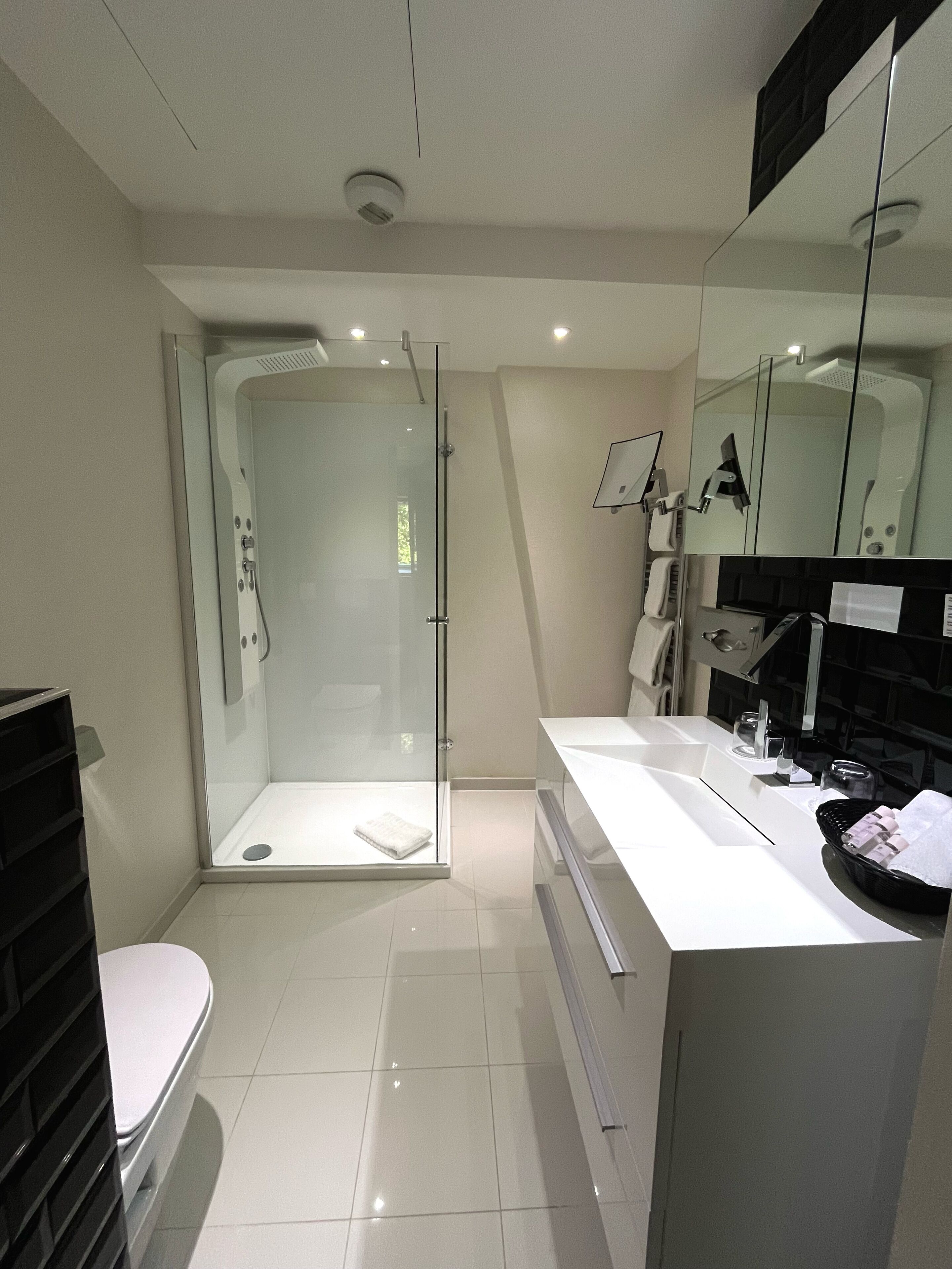 A modern bathroom with a glass-enclosed shower, a white sink, and a large mirror.