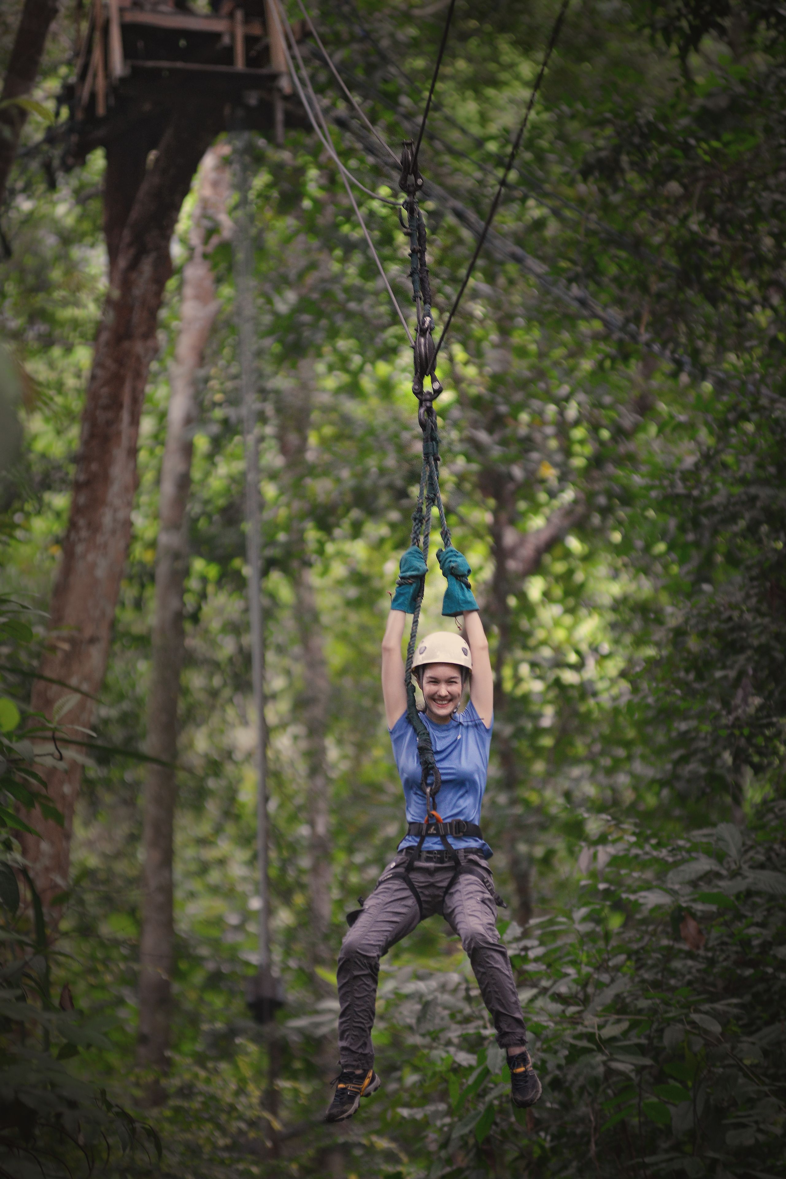 A person suspended in a forest, wearing a helmet and harness, with ropes and a pulley system.