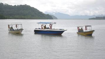 Three boats on a calm lake with a forested island in the background.