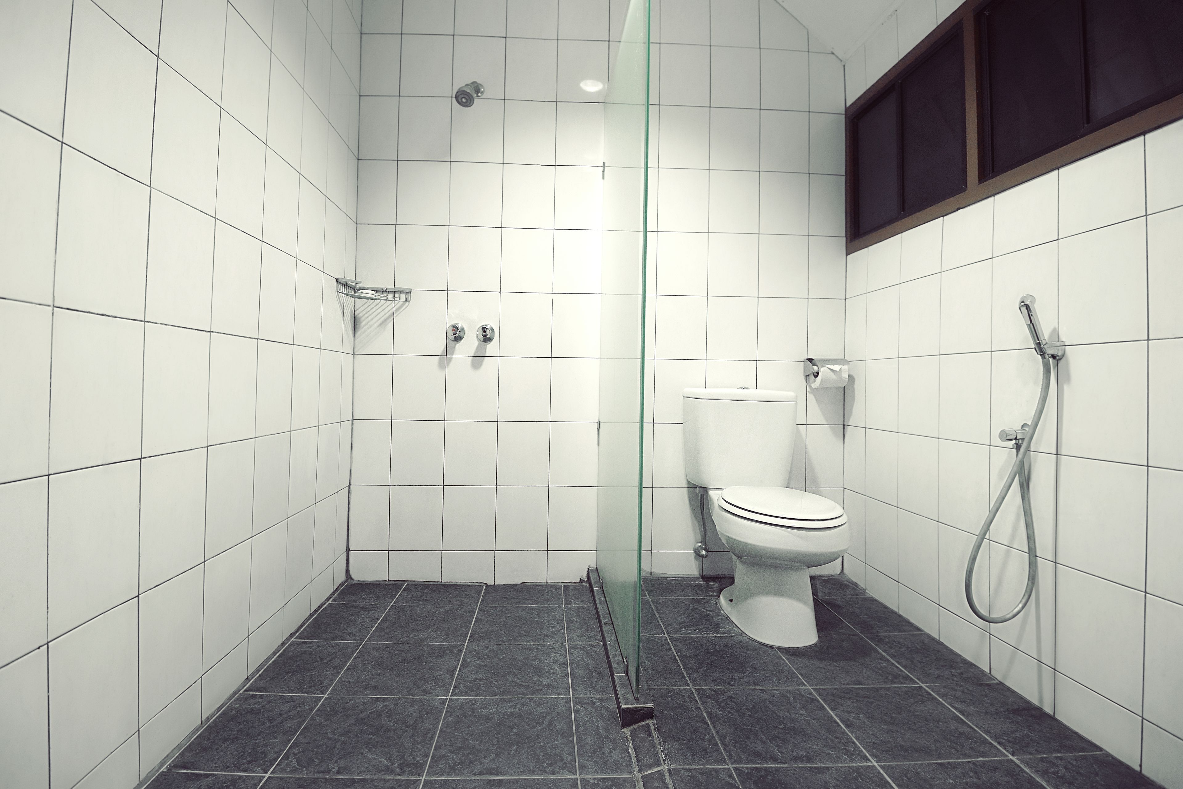A modern bathroom with white tiled walls, a glass shower enclosure, a white toilet, and a handheld showerhead.