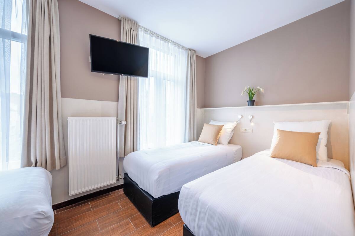 A hotel room with two beds, a TV mounted on the wall, a radiator, and a potted plant.