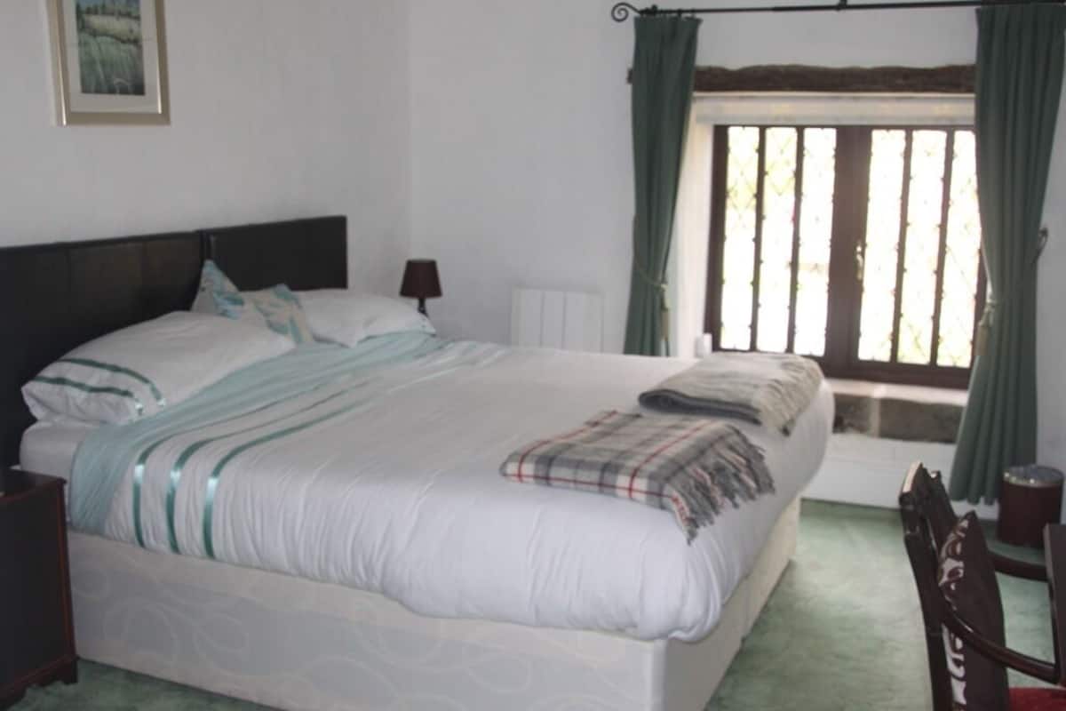 A bedroom with a large bed, a window with curtains, a radiator, and a framed picture on the wall.
