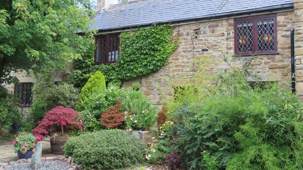 A stone house with ivy-covered walls, a garden with various plants and flowers, and a stone pathway leading to the entrance. - Church Villa B&B (Chesterfield)