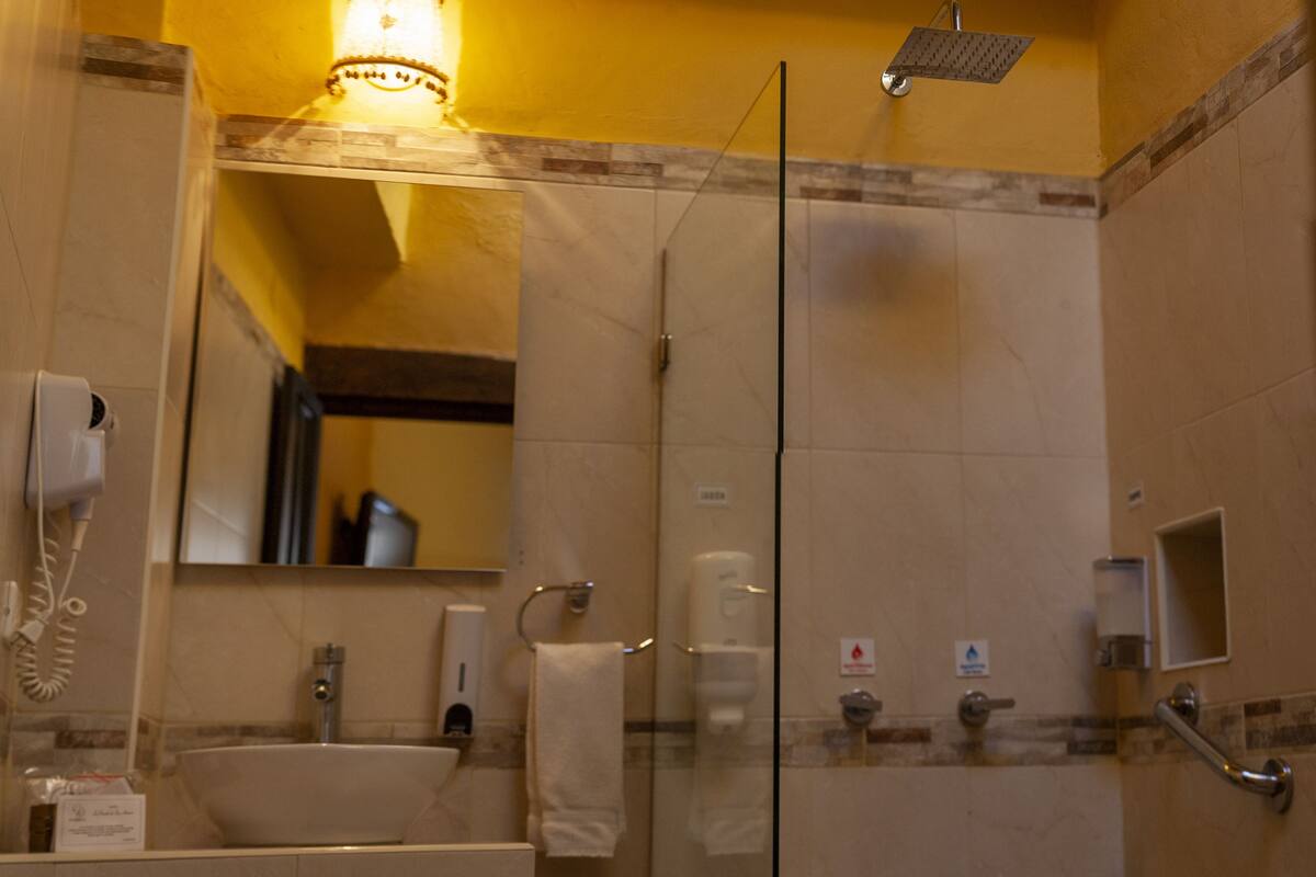 standard double room | bathroom | shower, free toiletries, hair dryer, towels