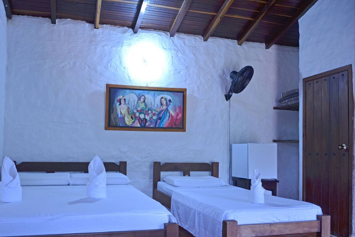 Una habitación con dos camas, un cuadro en la pared, un ventilador de techo y una puerta de madera.