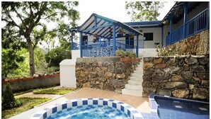 Un área de spa con jacuzzi, paredes de piedra y una zona de estar cubierta con plantas colgantes.