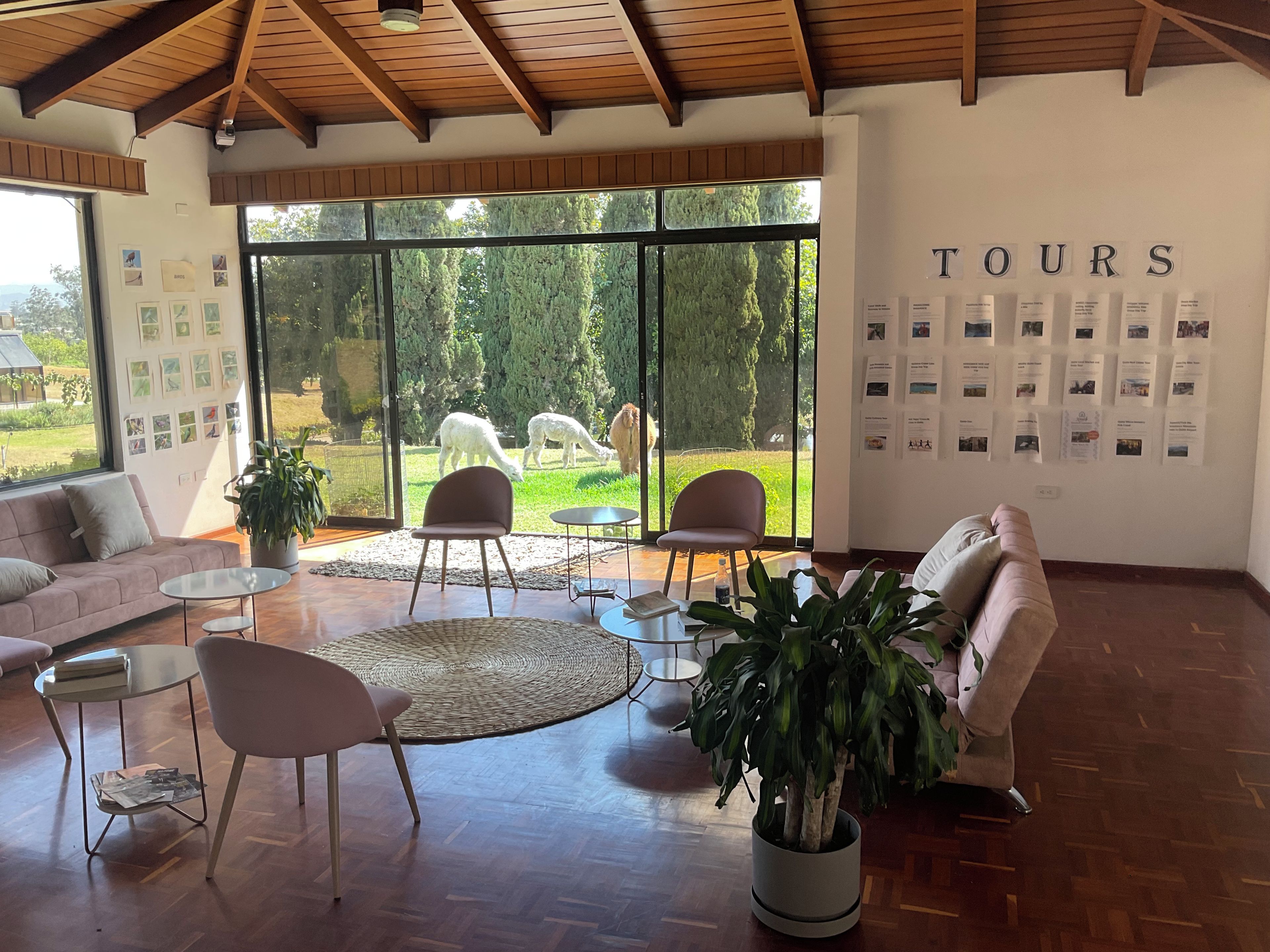 Una habitación amplia con un gran ventanal, un sofá, sillas, una pequeña mesa y una pared con información sobre tours.