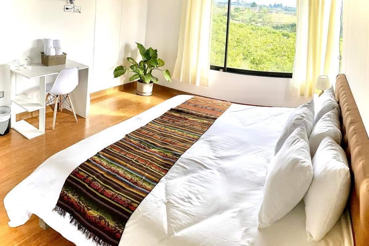 Une chambre avec un grand lit, un bureau, une chaise, une télévision et une fenêtre donnant sur un paysage verdoyant.